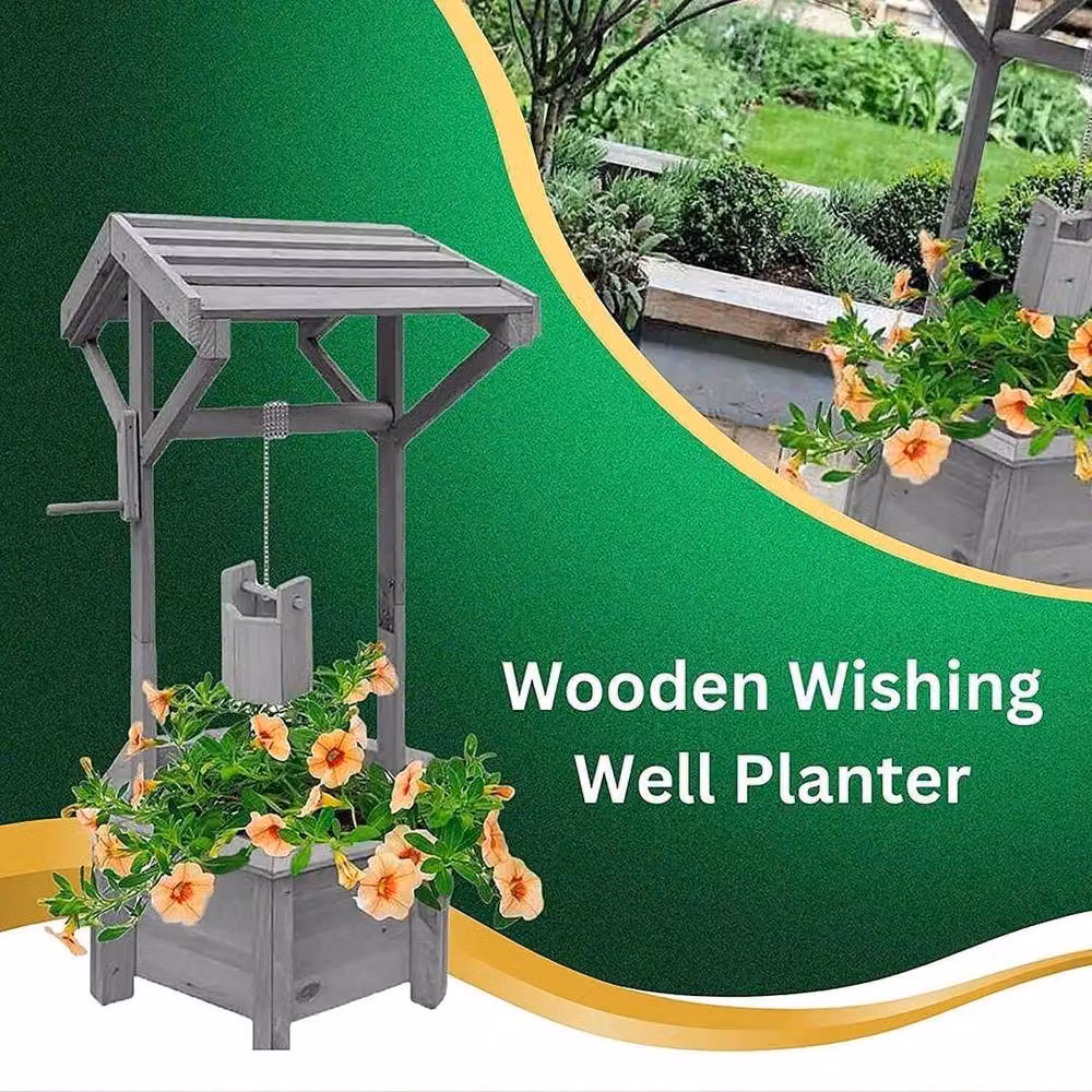 Kelvenix Wooden Wishing Well Planter with Hanging Bucket in Grey, W/D/H: 43.0 x 35.0 x 77.0 cm – 4