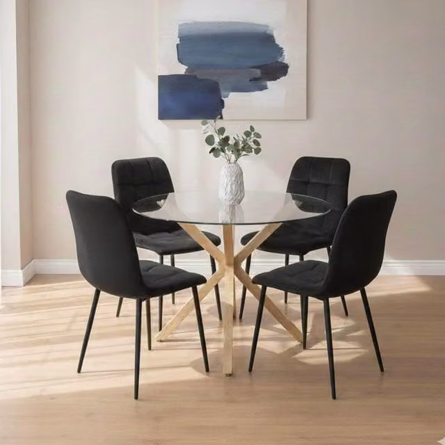 KOSY KOALA Modern Round Transparent Glass Dining Table with 4 Black Chairs – 1