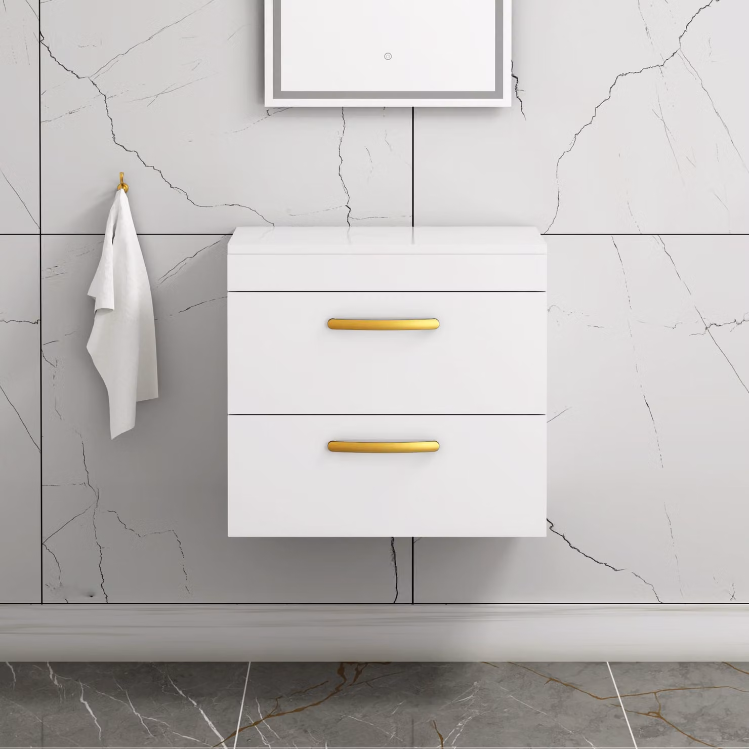 Royal Bathrooms Gloss White Wall Hung 2 Drawer Vanity Unit with Brushed Brass Handles