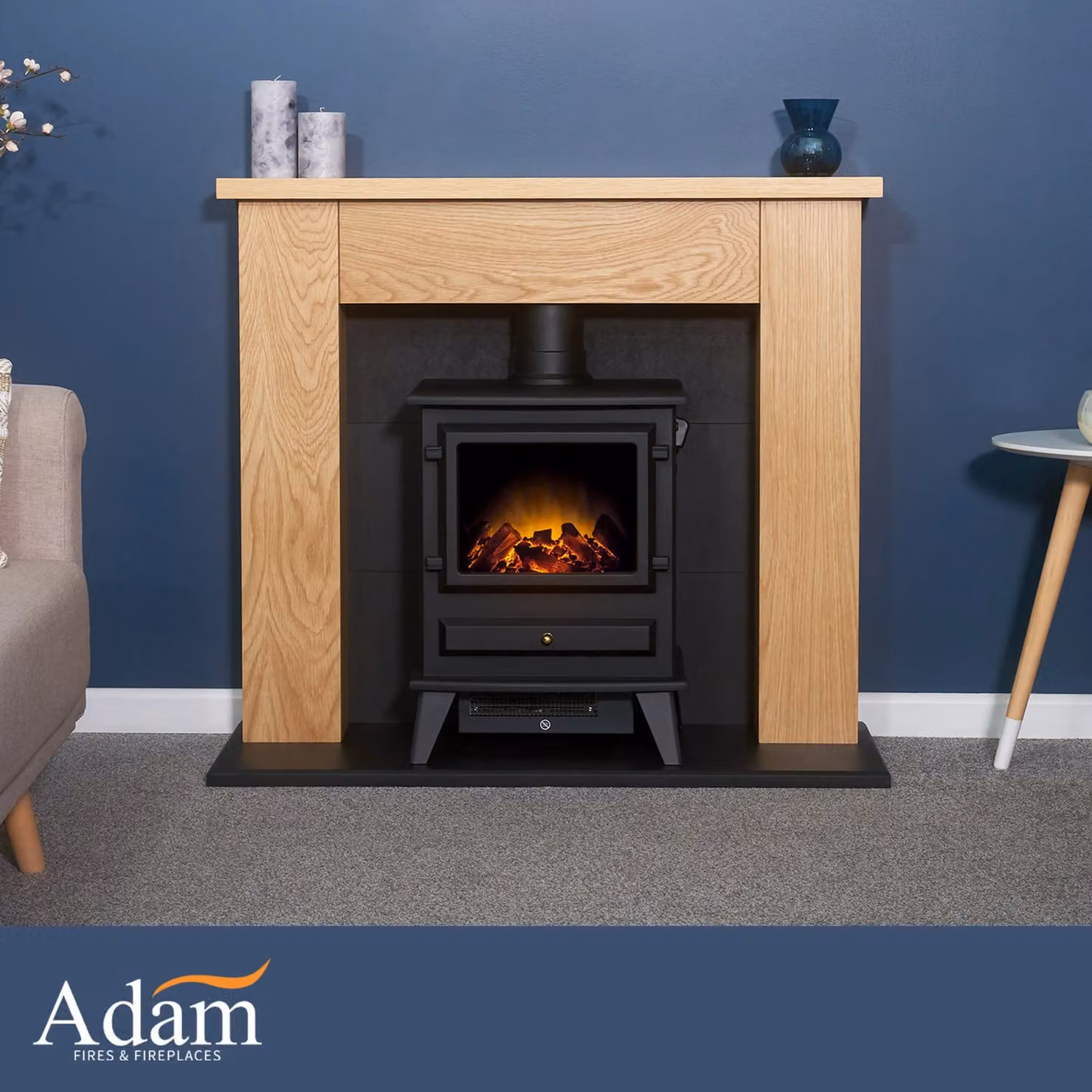 Adam Fires & Fireplaces Chester Stove Fireplace in Oak and Black with Hudson Electric Stove in Black, 39 Inch – 2
