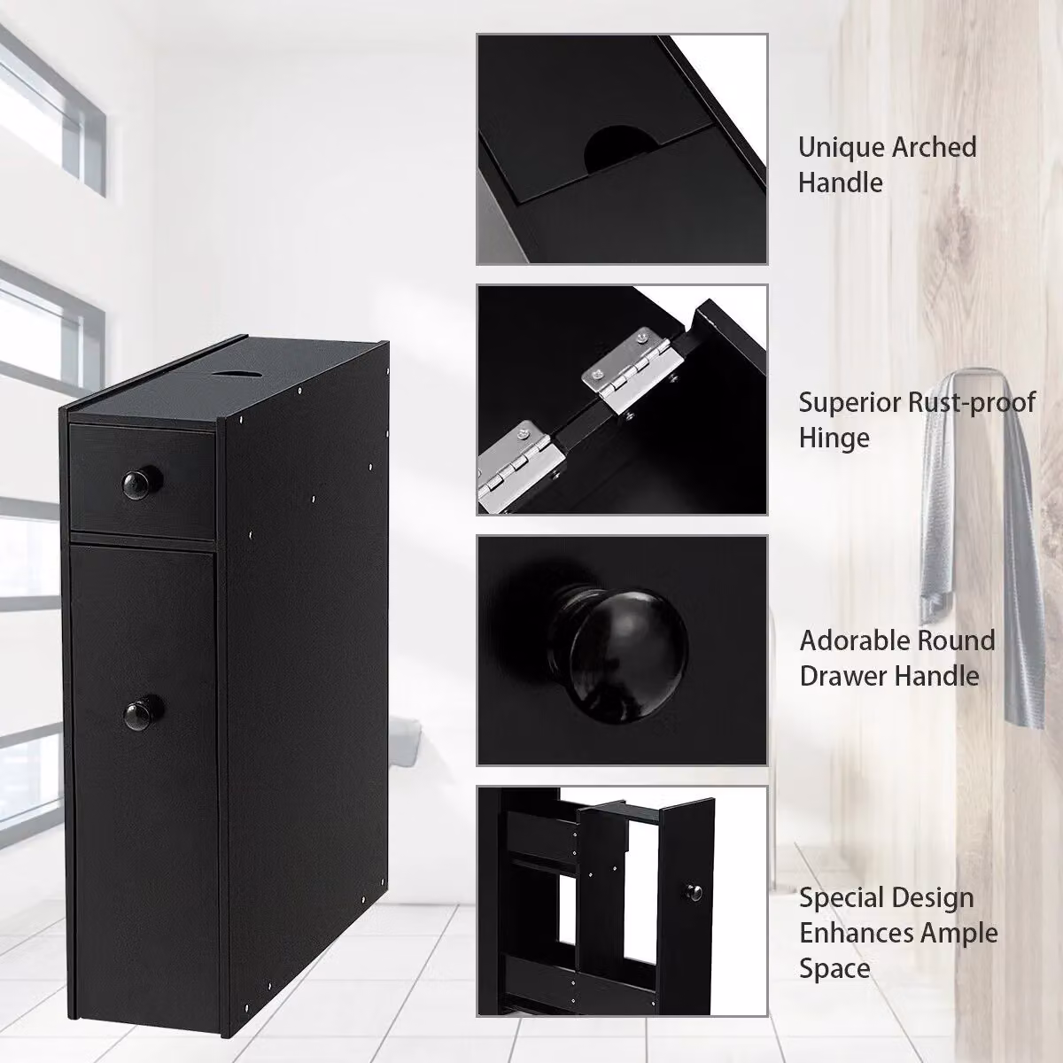 Gymax Slim Black Matt Floor Cabinet with Drawer and Hinged Doors – 8