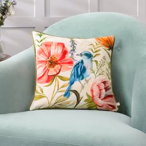 Wylder Nectar Garden Bluebird Velvet Cushion, Blue and Multicolour, W/D/H: 43 x 43 x 43 cm – 1