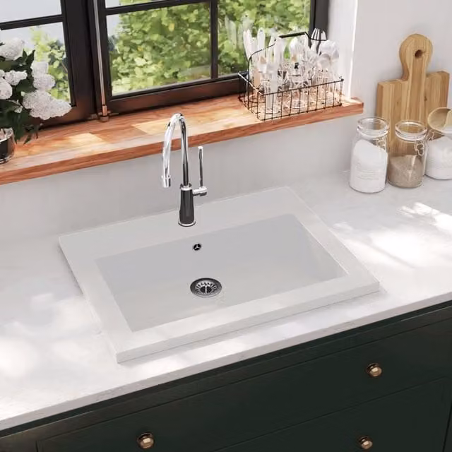 Berkfield Home White Granite Composite Rectangular Basin with Overflow W/D/H: 60 x 45 x 12 cm