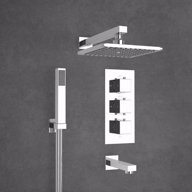 Nes Home Lilly Chrome 3 Dial 3 Way Square Concealed Thermostatic Mixer Valve with Square Handset Bath Filler and Square Shower Head in Silver – 1
