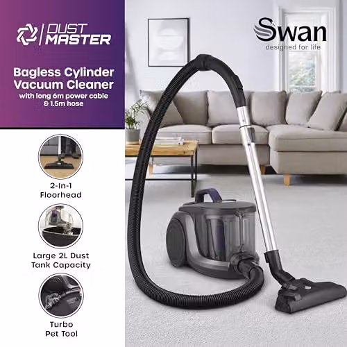 Swan Dustmaster Bagless Cylinder Vacuum Cleaner with HEPA Filter, 2-in-1 Motorised Brush, Extension Pole and Hard Floor Nozzle, Purple and Titanium, SC15840 – 6