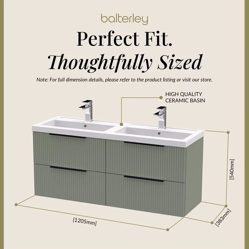 Balterley Fluted Front Wall Hung 4 Drawer Vanity Basin Unit, Satin Green, W: 120 cm – 3