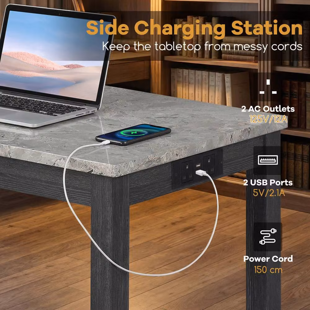 Costway Faux Marble Bar Table Set with Charging Station and 2 Padded Stools in Grey – 6