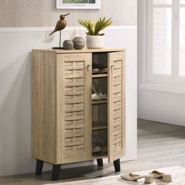 Timber Art Design Modern Oak Shoe Storage Cabinet with 2 Hinged Doors in Brown