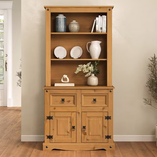 Mews Rustic Brown Waxed Pine Corona Sideboard with Hutch Welsh Dresser Top, 2 Doors and 2 Drawers