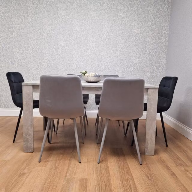 Kosy Koala Modern Rectangular Kitchen Dining Table and 6 Grey and Black Tufted Velvet Chairs
