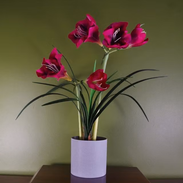 Pink Artificial Amaryllis Flowering Plant in a Grey Potted Tabletop Arrangement