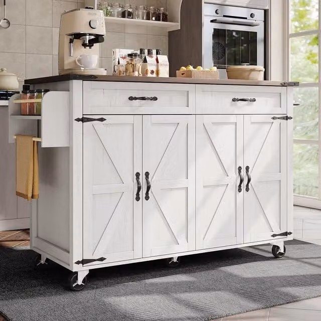 Aosom.UK Farmhouse Style Kitchen Island Trolley with Adjustable Shelf, White, W: 73 cm, D: 73 cm, H: 90.5 cm