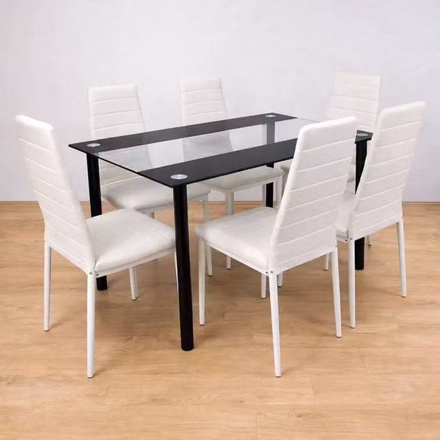Kosy Koala Modern Rectangular Black Glass Dining Table and 6 White Faux Leather Chairs Set