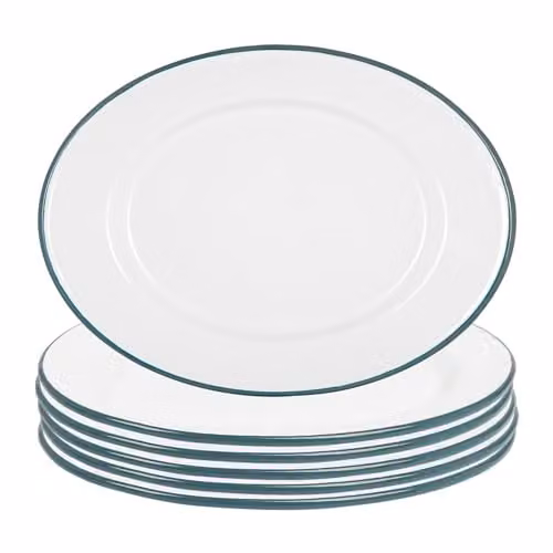 Argon Tableware White Enamel Serving Platters with Green Rims, Pack of 6, W: 30.5 cm, D: 22.5 cm