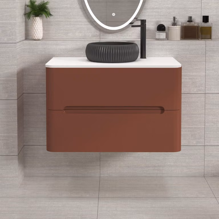 Royal Bathrooms Venice 800mm Wall Hung Vanity Unit in Terracotta Clay with 2 Drawers, Plain White Worktop and Milan Black Basin