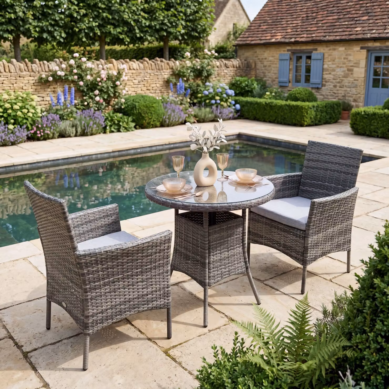 Home Garden Direct Judas 2-Seater Grey Rattan Garden Bistro Set with Glass Tabletop – 2
