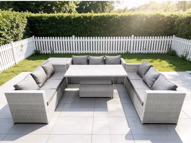 Fimous Adjustable Height Rectangular Rattan Dining Set with Glass Top in Grey