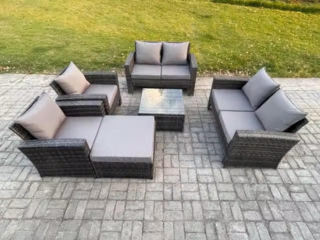 Fimous 7 Seater Rattan Garden Furniture Set in Dark Grey with Square Coffee Table, Double Sofa and Ottoman