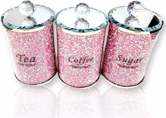 DEENZ Set of 3 Crushed Diamond Glass Tea Coffee Sugar Canisters in Pink and Silver