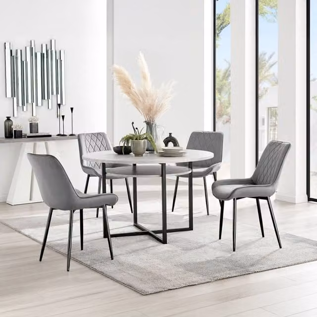 FurnitureboxUK Adley Grey Concrete Effect Round Dining Table with Shelf and 4 Black Velvet Pesaro Dining Chairs – 1