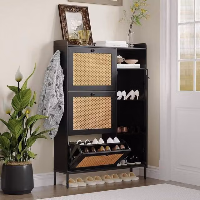 London Boutique Modern Black Shoe Cabinet with 3 Tilting Compartments and Open Shelf for Hallway or Bedroom Storage – 1