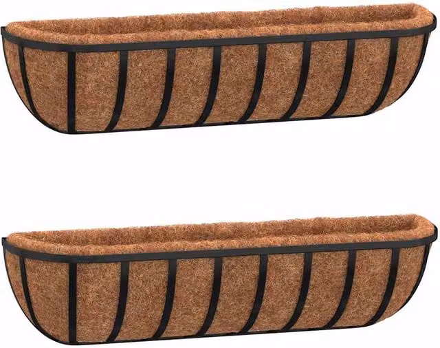 Berkfield Home Steel Wall Troughs with Coco Liners, Black, 2 Pieces, W: 61 cm, D: 19 cm, H: 16 cm