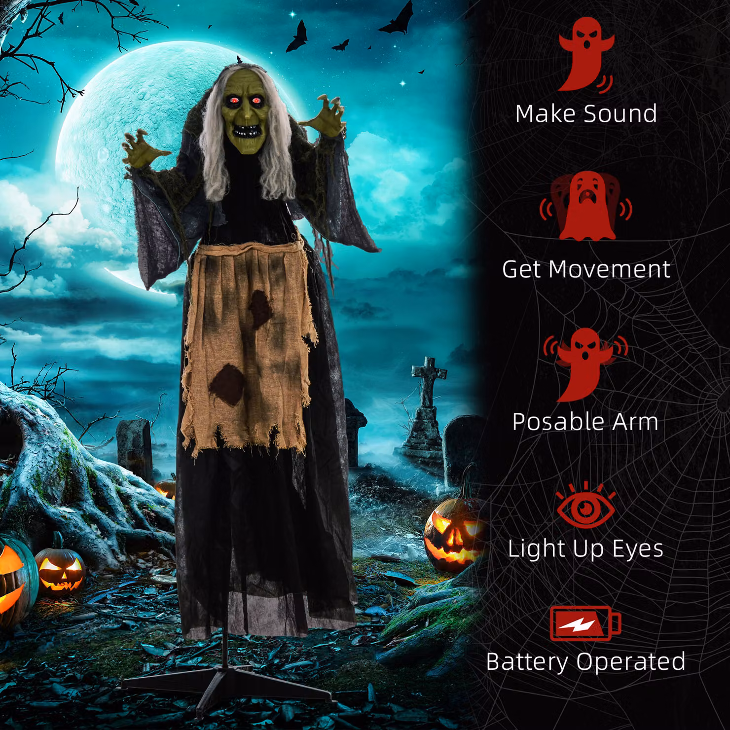 HOMCOM Hunchback Witch Halloween Animatronic with Glowing Eyes in Red and Multicolour – 6