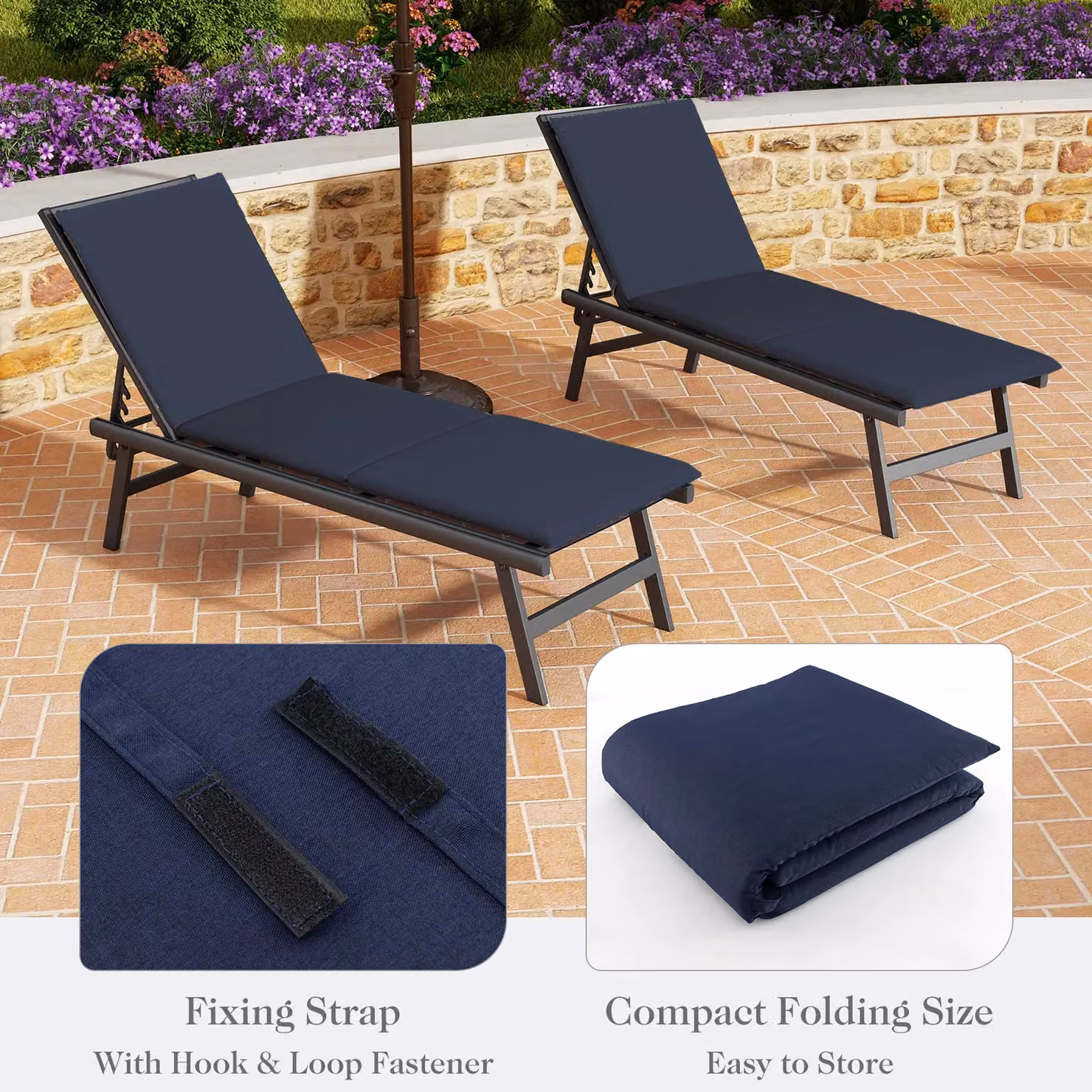 Costway 2 Piece Tri-Fold Chaise Lounge Cushion Set, Blue, W: 182 cm, D: 59 cm – 3
