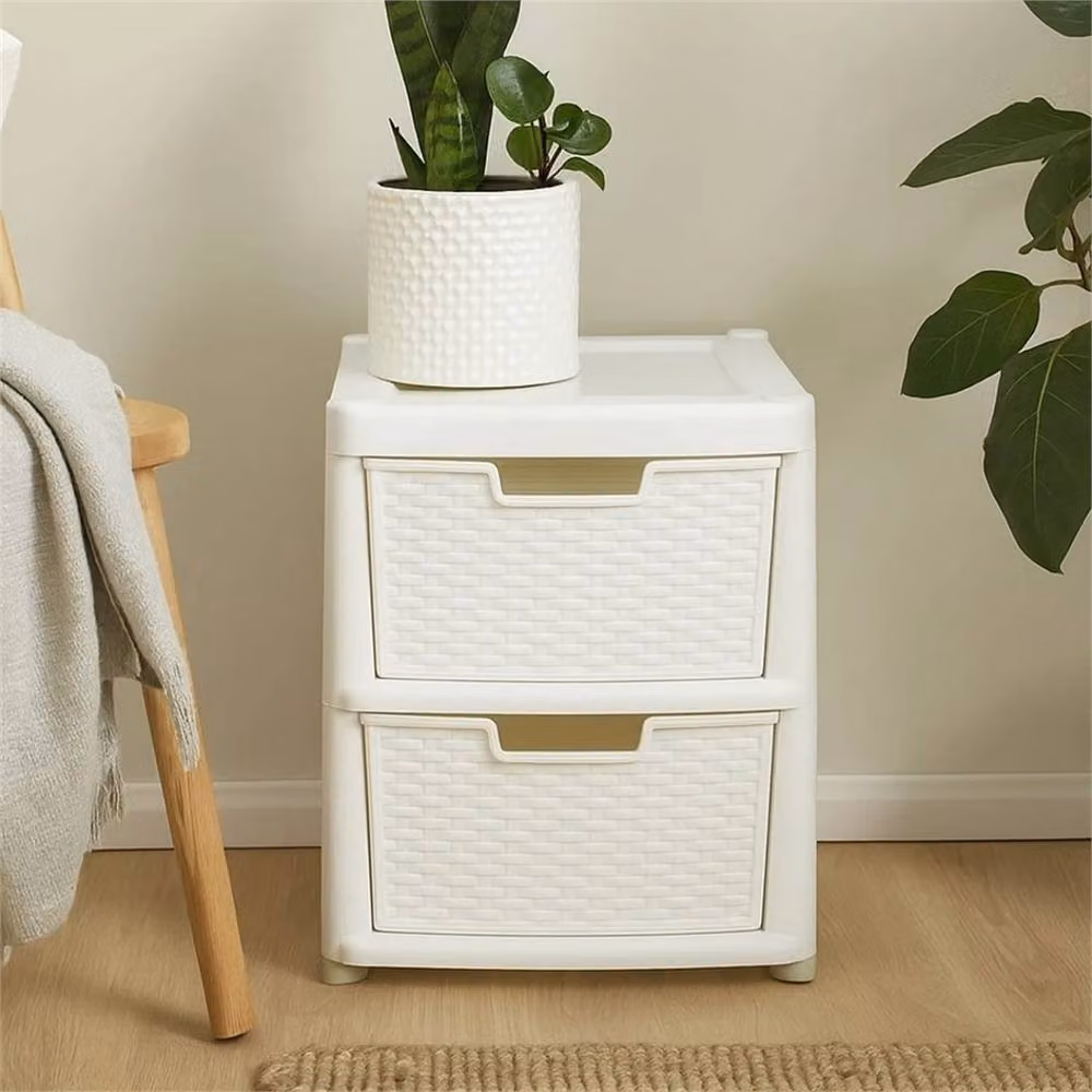 Nordara Large Rattan Effect 2 Drawer Storage Tower Unit in White – 2