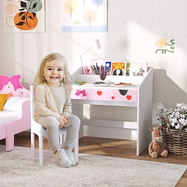 AIYAPLAY Childrens Study Desk and Chair Set with Storage Drawer, Pink