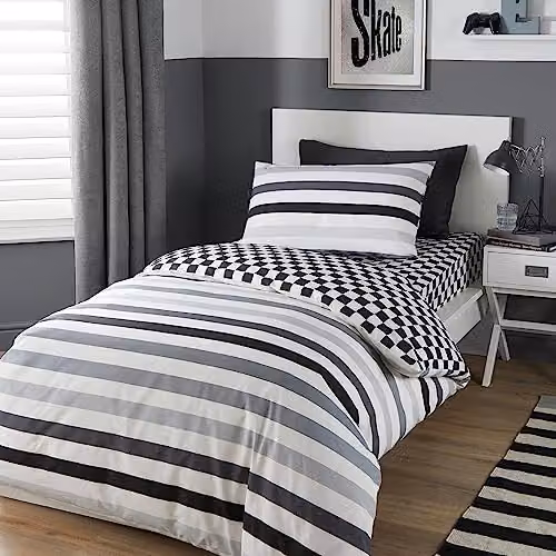 Bedlam Reversible Striped Duvet Cover and Pillowcase Set in Black, White and Grey, W/D/H: 200 x 200 cm