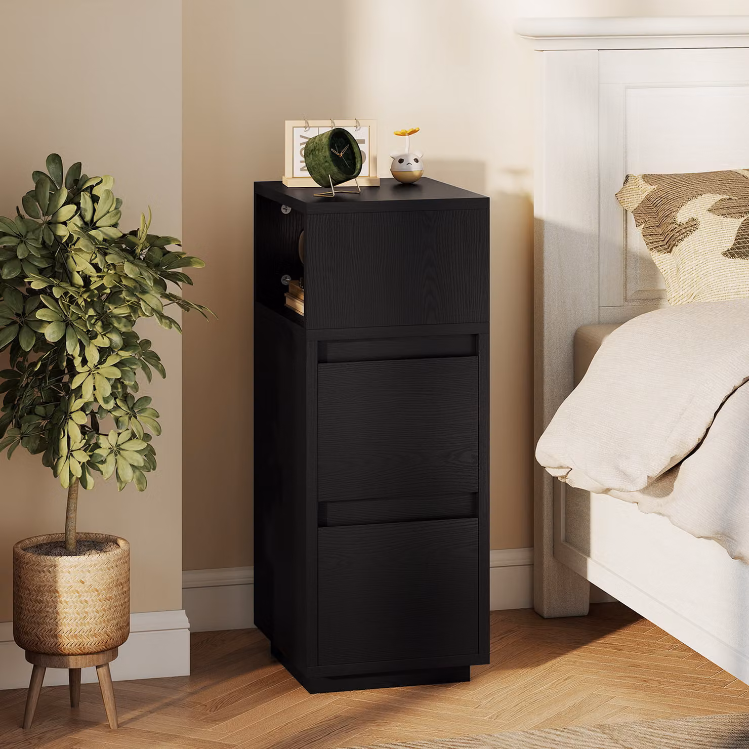 HOMCOM Slim Black Bedside Table with Open Shelf and 2 Drawers for Bedroom or Living Room – 2