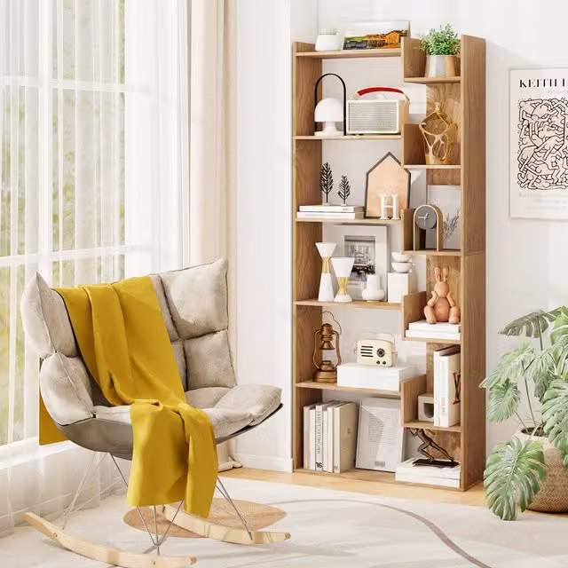 COSTWAY 11-Shelf Freestanding Bookshelf in Brown and Beige Wood Finish