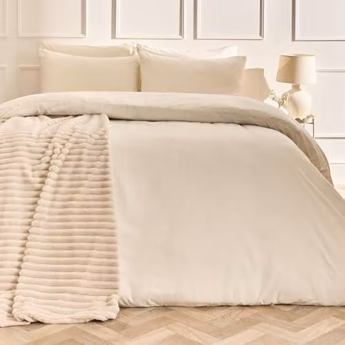 OHS Plain Ivory Microfibre Polyester Duvet Cover and Pillowcase Set, W/D/H: 180 x 200 cm, Pillowcase: 50 x 75 cm
