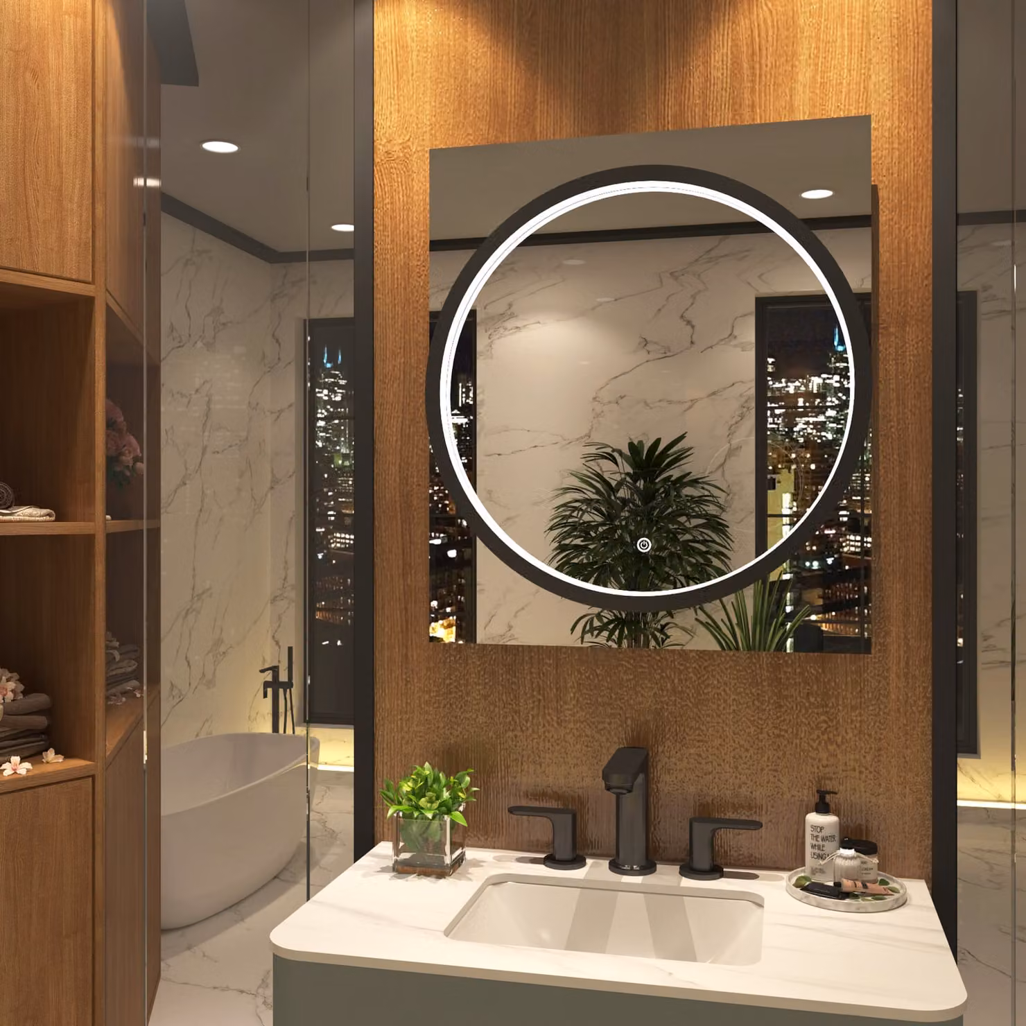 Royal Bathrooms Monaco Round LED Illuminated Framed Mirror in Matt Black with Demister Pad and Touch Sensor, W: 60 cm, D: 70 cm