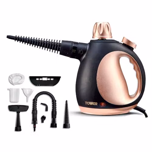 Tower Handheld Steam Cleaner with 9 Accessories, 1050W, 250ml Water Tank, Black and Gold – 1