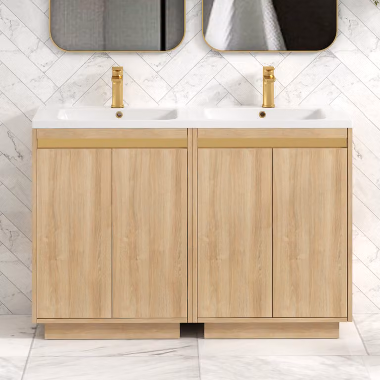 Royal Bathrooms Orion 1200 Natural Oak 4 Door Floor Standing Vanity Unit with Ceramic Basin and Brushed Brass Accent Trim