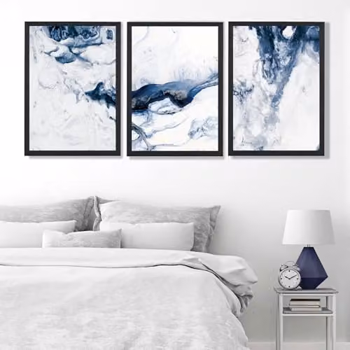 ARTZE Set of 3 Navy Blue Abstract Ocean Waves Wall Art with Black Frames, W: 45 cm x H: 62 cm