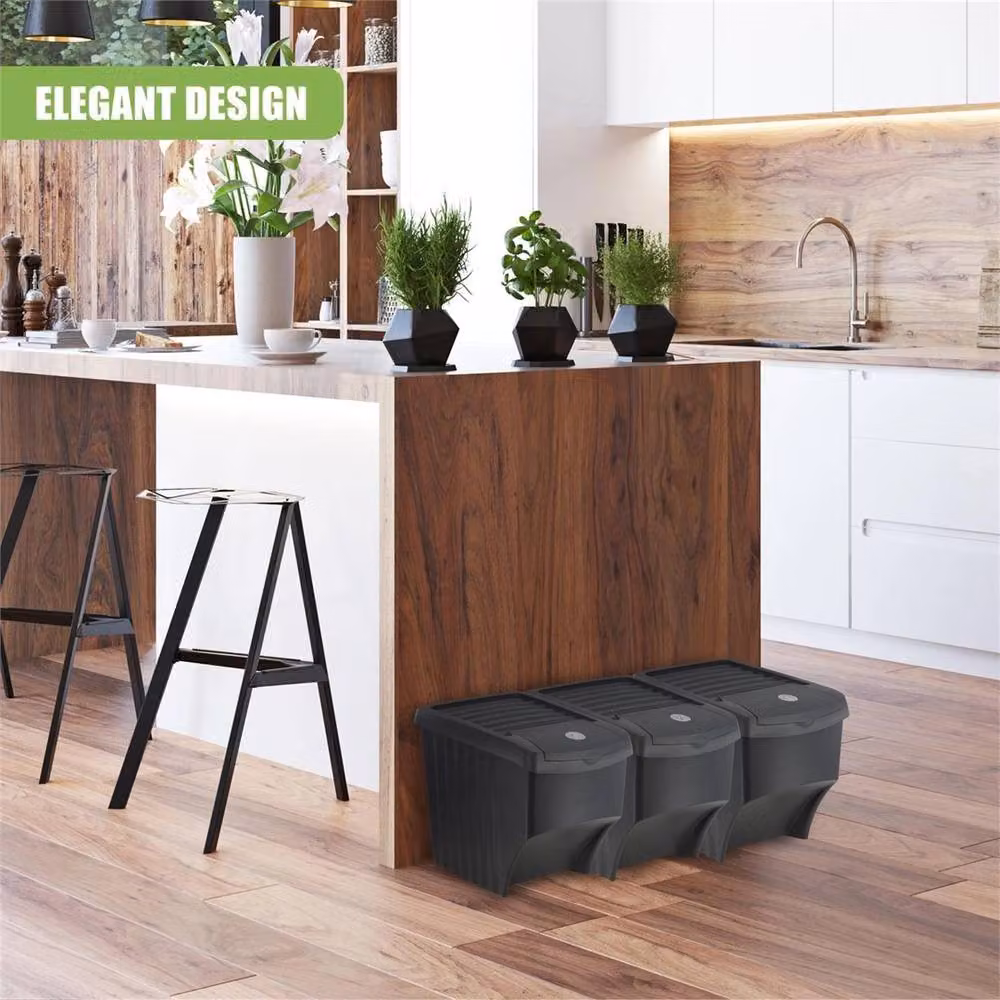 Nordara Set of 3 Large Stackable Plastic Recycling Bins with Flip Lids in Black – 4