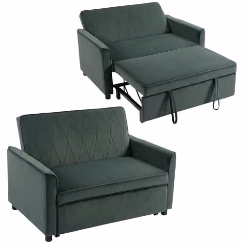 HOMCOM 2 Seater Velvet Sofa Bed in Dark Green, 3-in-1 Click-Clack Sleeper Loveseat with Solid Wood Frame