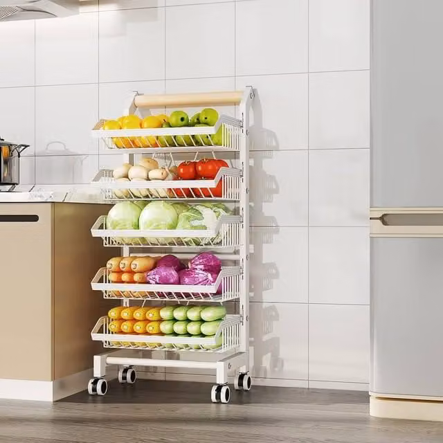 London Boutique 5-Tier Carbon Steel Kitchen Trolley and Rolling Vegetable Rack in White