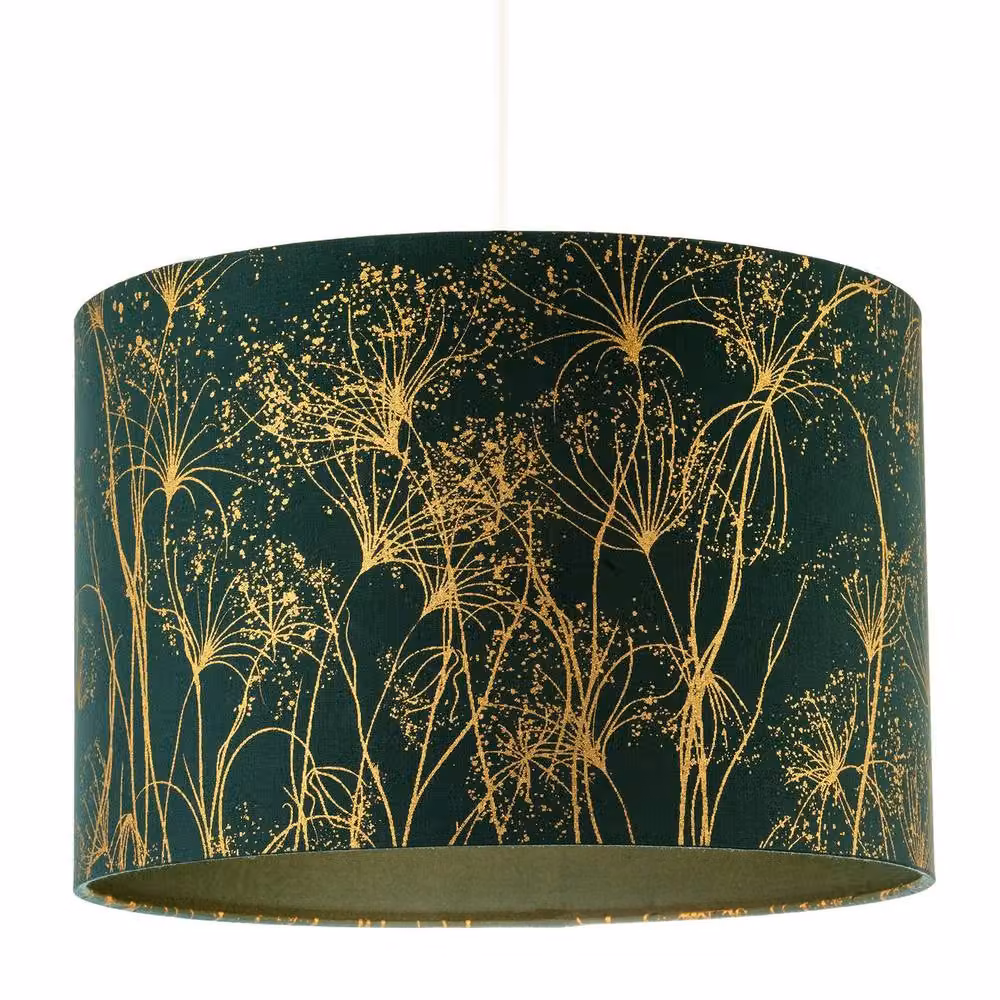 Happy Homewares Deep Emerald Forest Green Cylinder Lamp Shade with Botanical Gold Foil Print, Diameter: 30 cm – 2