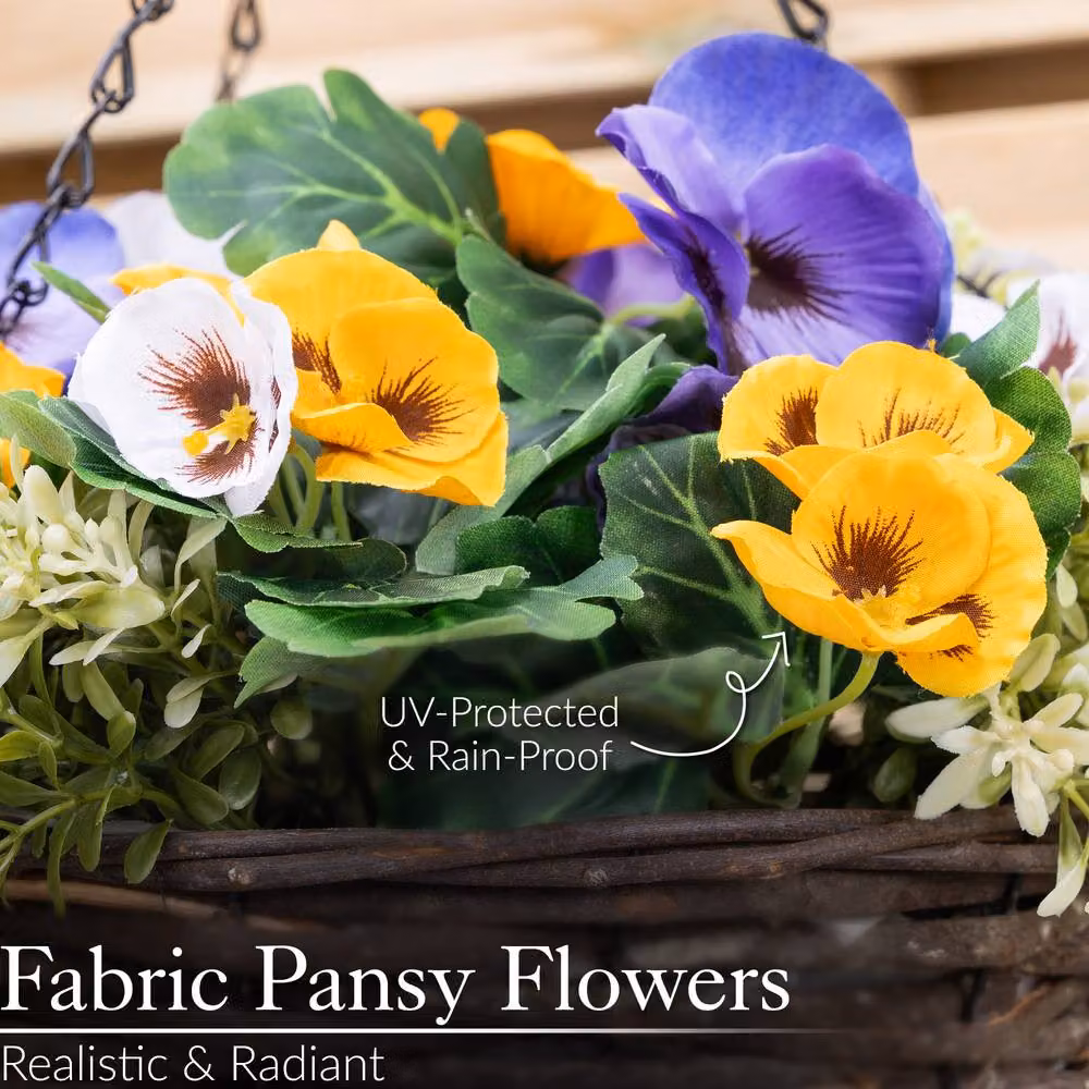 Christow Artificial Yellow Pansy Wicker Hanging Basket with UV Resistant Foliage, Diameter: 25 cm – 3