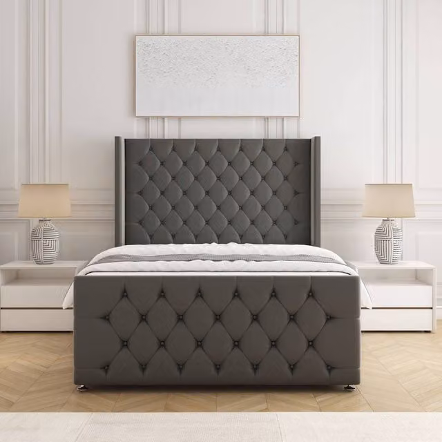 BSSPOKE Florida Grey Velvet Upholstered Divan Bed with Headboard, W/D/H: 180 x 200 cm