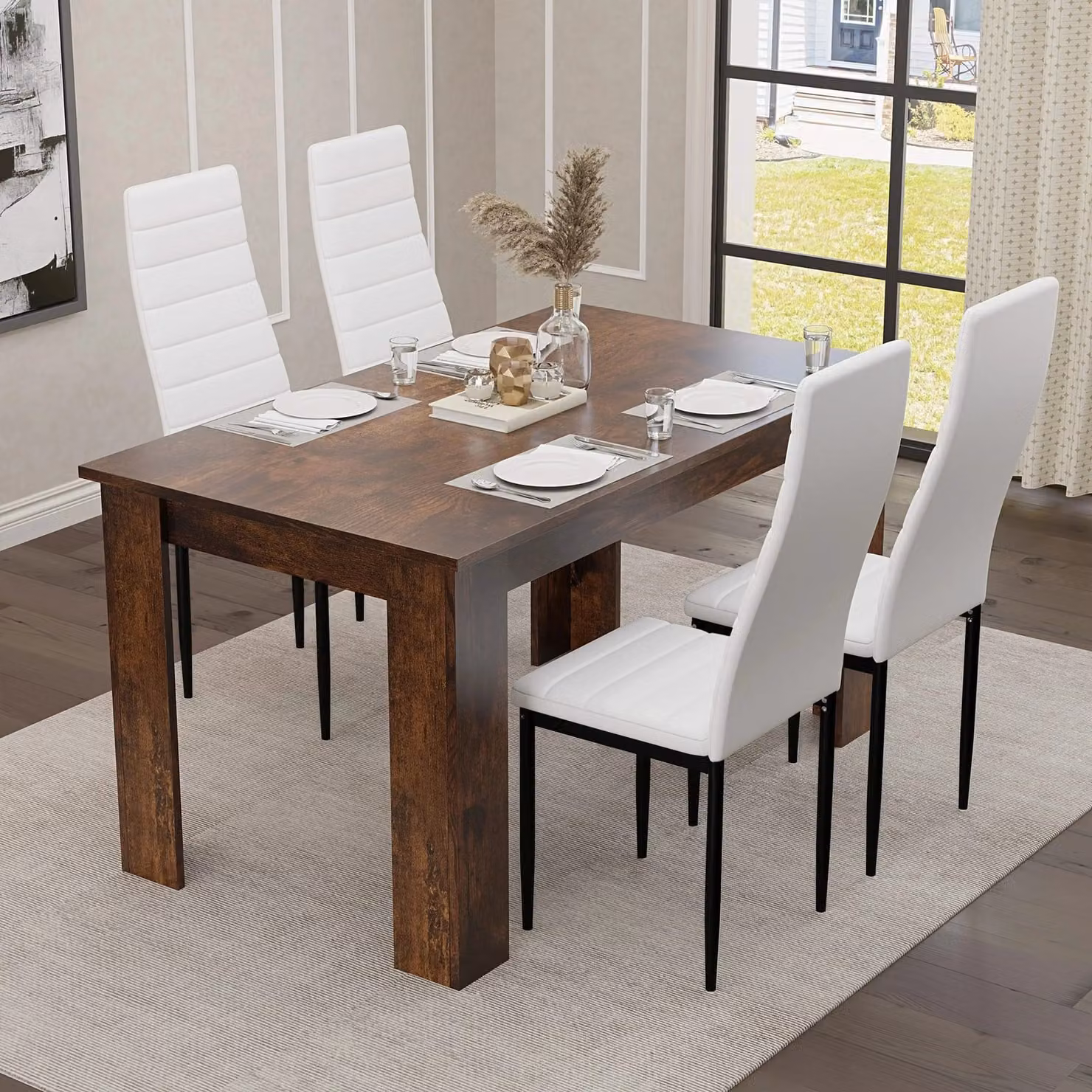 DHS Rustic Rectangular Dining Table and 4 Chairs Set in White