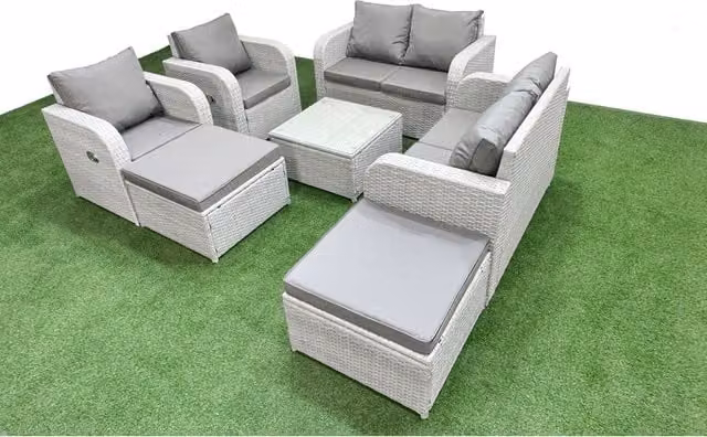 Fimous 8-Seater Outdoor Rattan Reclining Sofa Set with Coffee Table and Ottoman, Light Grey with Dark Grey Fabric Cushions