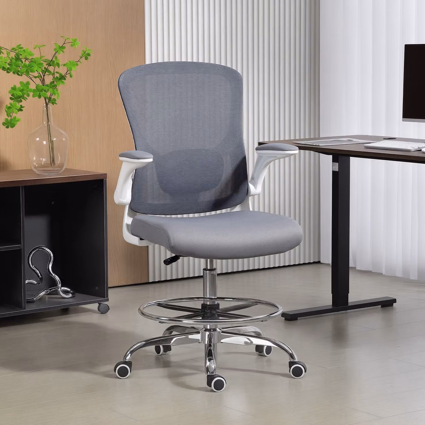 HOMCOM Modern Drafting Chair in Grey with Adjustable Lumbar, Foot Ring and Castors – 2