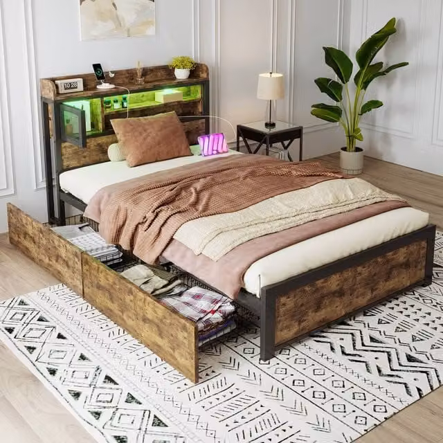 BTM Black Metal Bed with LED Under-Bed Lighting, 2 Drawers and USB Charging Ports, W/D/H: 140 x 200 x 83.5 cm