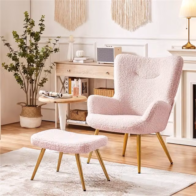 Yaheetech Pink Bouclé Accent Chair and Ottoman Set with Metal Frame