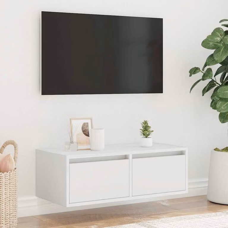 Berkfield Home Modern White TV Cabinet with LED Lights W: 75 cm, D: 35.5 cm, H: 25 cm